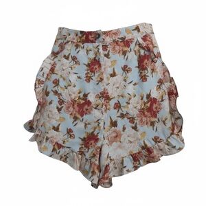 Lulu's High Waist Floral Ruffle Shorts - Blue and Red Medium